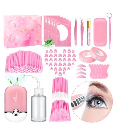 487PCS Eyelash Extension Kit Lash Extension Supplies for Beginners and Professionals, Lash Lift Eyelash Perm, Including Mini Fan Lash Dryer, Tweezers, Glue Rings, Mascara Brushes, Eye Gel Pads Pink