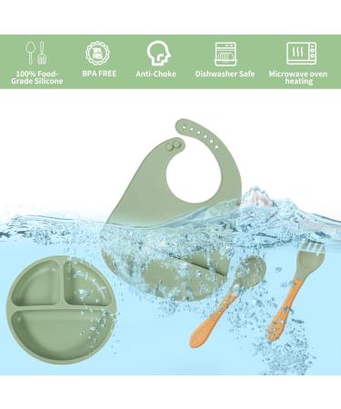 4 Piece Baby Weaning Set: Silicone Suction Divided Plate, Adjustable Bib, Spoon, Fork - Baby Led Feeding Supplies for Baby and Toddlers - Buy Online on GoSupps.com