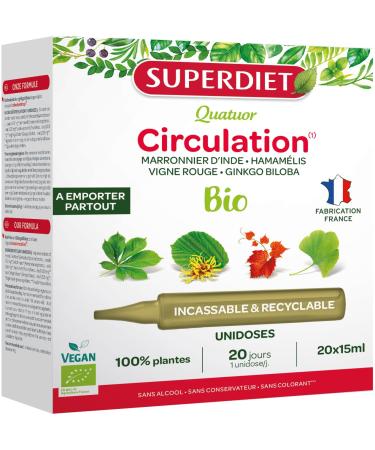 SUPERDIET -QUARTET CIRCULATION BIO-Light legs-Horse chestnut Witch hazel Red vine Ginkgo biloba-Nomadic format-20 Single doses of 15ml