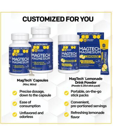 Magtein Magnesium L-Threonate Glycinate & Taurate - MagTech Magnesium Powder - Sugar Free Lemonade Drink - 200mg Chelated Triple Complex - Supports Relaxation & Brain Health* - 30 Servings Lemonade Tub - Buy Online on GoSupps.com