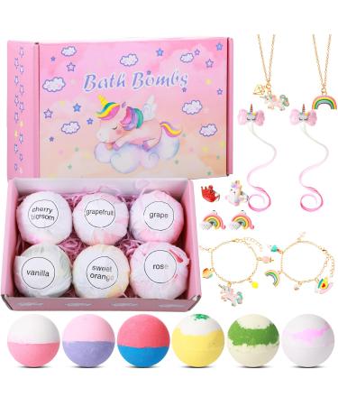 Christmas Gift for Girls 6 Pcs Kids Bath Bombs with Surprise Jewelry Gentle Bubble Fizzy Bath Balls with Ring Bracelet Necklace and Ear Clip for Christmas Party Princess Supplies (Unicorn Style)