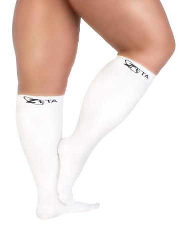 Zeta Socks XXXL Wide Plus Size Calf Compression, Soothing Comfy Gradient Support, Prevents Swelling, Pain, Edema, DVT, Large Cuffs, Stretch to 26 Inches, Unisex, for Flights (White, XXXL)