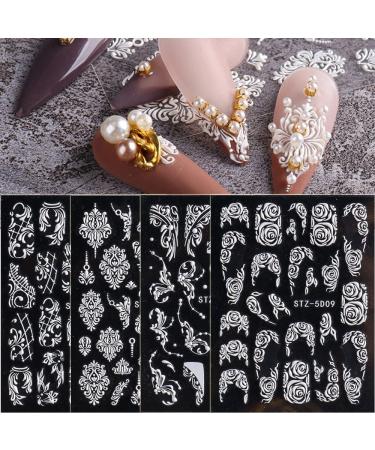 5D White Flower Nail Stickers - Self-Adhesive Embossed Floral Rose Decals for DIY Wedding Manicure - 4 Sheets - Buy Online on GoSupps.com