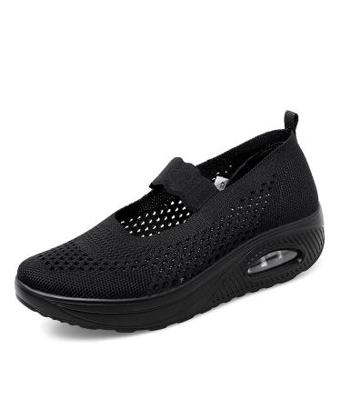 Touchmosees Women Mary Jane Sneakers Platform Sneakers Air Cushion Slip-on Walking Shoes Orthopedic Diabetic Walking Wedge Sneaker Ladies Toning Rocker Shoes Black/2165 8.5