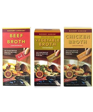 Savory Choice Variety Pack: Chicken Broth Concentrate 5.1 oz, Beef Broth Concentrate 5.1 oz, Vegetable Broth Concentrate 4.06 oz (1 of each)