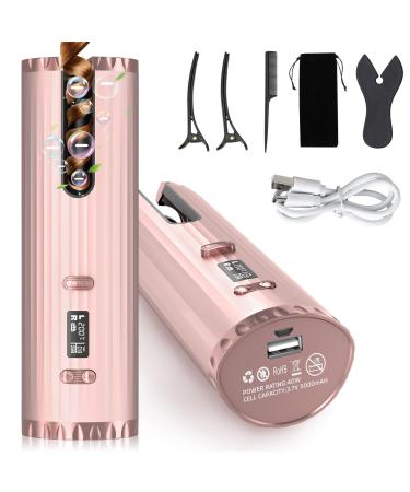 Automatic Hair Curler Wireless Curling Iron Anti-Tangle with USB Cable 5000mAh Rechargeable 6 Temperature & Timer Portable Ceramic Hair Curling Wand for Long & Short Hair Styling (Pink)