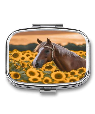 Pill Box Yellow Sunflower Horse Print 2 Compartment Medicine Pill Case Pill Organizer Decorative Metal Portable Pill Box for Pocket Or Purse Style