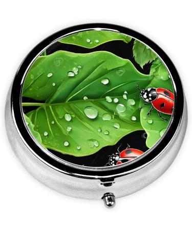 Decorative Round Pill Box with Leaves & Ladybugs - 3 Compartment Travel Organizer for Pills Vitamins & Tablets - Buy Online on GoSupps.com