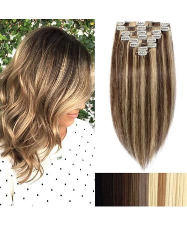 Clip in Extensions Real Hair Real Remy Real Hair Extensions Hair extension 8PCs 18Clips smooth 90g-40cm (#4/27 medium brown/dark blonde)