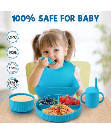 Baby Feeding Set - Silicone Bib, Suction Divided Bowl, Spoon, Fork - Toddler Utensils for Baby Led Weaning - Blue (6 Months) - Buy Online on GoSupps.com