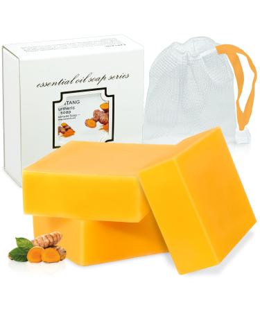 3Packs Turmeric Soap Bar Organic Tumeric Soap for Face and Body Lemon Turmeric bar Soap with Vitamin C E for All Skin Type Turmeric Soap Face Wash for Smoothing Moisturizing skin