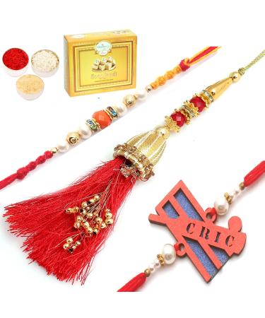 Ghasitaram Gifts Rakhi for Brother Rakhis Online - Set of 3 Ibiza Bhaiya Bhabhi Rakhi and Cricketer Kids Rakhi with 400 GMS of Soan Papdi
