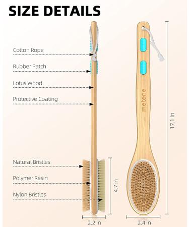 Metene Exfoliating Shower Brush - Dual-Sided Soft & Stiff Bristles, Long Wooden Handle for Body Care - Buy Online on GoSupps.com