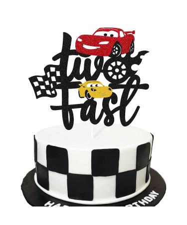 Two Fast Cake Topper Race Car 2nd Cake Decoration for Racing Car Checkered Flag Themed Kids Boy Girl 2 Years Old Happy 2s Birthday Party Supplies Double Sided