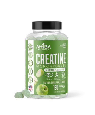 Ahiba Nutrition Creatine Monohydrate Gummies 5g per Serving, chewable, Vegan, Non-GMO, Sugar-Free, Soy-Free, Gluten-Free, Men & Women,More Strength & Recovery- Sour Apple Flavor, Made in USA