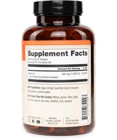 NatureWise Vitamin E 1000 IU Softgels (450mg dL-Alpha) - Vegan Gluten-Free Soy-Free Non-GMO Antioxidant Dietary Supplement for Skin Heart Eye and Immune Health Support - 60-Day Supply 120 Count - Buy Online on GoSupps.com