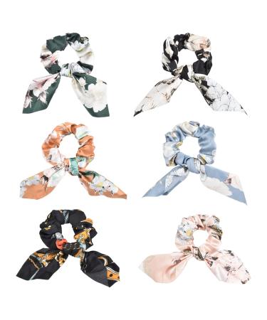 Yonchic 6-Piece Satin Bowknot Elastic Hair Ties  Fashion Print Scrunchies Ladies Long Lasting Braids Ponytail Holders  Soft Elegant Bow Hair Tie Ribbon Rubber Bands Hair Accessories Vintage Floral