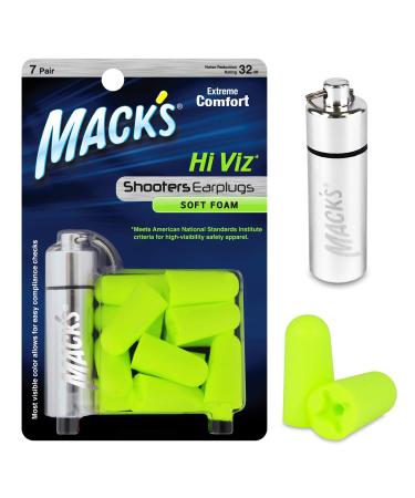 Mack's Hi Viz Soft Foam Shooting Earplugs, 7 Pair with Travel Case - Most Visible Color, Easy Compliance Checks, 32dB High NRR - Comfortable, Safe Ear Plugs for Hunting, Tactical, Target Shooting 7 Pair Plus Travel Case