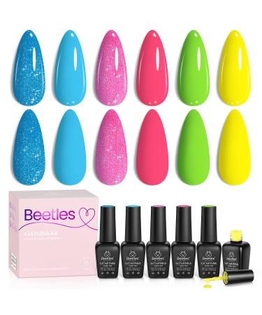 beetles Gel Polish 6 Pcs Neon Hot Pink Glitter Nail Set Green Blue Shimmer Summer Cursh Nail Design Gel Nail Soak Off Nail Lamp Cured Manicure Kit for Women Girls A-Summer Crush