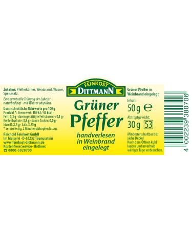 Feinkost Dittmann Green Pepper in Brandy Glass Gourmet Snack (2 x 50g) | International Shipping Available - Buy Online on GoSupps.com