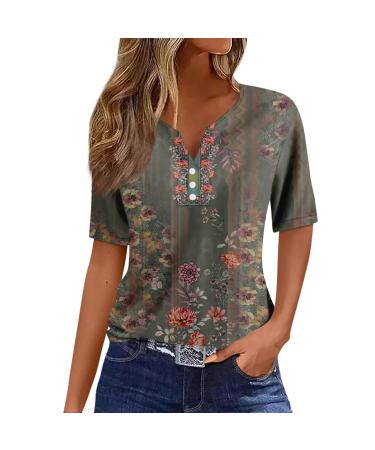 Womens Polo Shirts Short Sleeve Oversized V-Neck Pullover Printed Casual Shirt Top Loose Trendy Button Down T Shirt 3-army Green Small