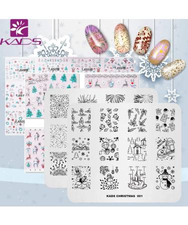 KADS 2pcs Christmas Nail Stamping Plate+2pcs 3D Nail Sticker Template Image Design Plates for Nail Art Decoration and DIY Nail Art ail sticker(2 Sticker + 2 Plate)