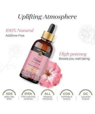 Avatra Rose Essential Oil 100ML (3.38 OZ) with Glass Dropper and Travel Bottle Pure and Natural Therapeutic Grade Lavender Oil for Diffuser Aromatherapy Massage and DIY Candle Products Rose 3.38 Fl Oz (Pack of 1) - Buy Online on GoSupps.com