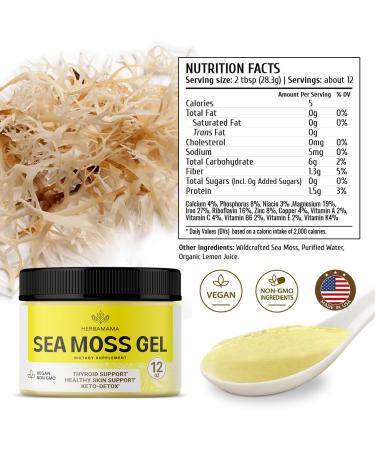 HERBAMAMA Sea Moss Gel 12 oz - Organic Wildcrafted Irish Sea Moss Supplement for Thyroid, Skin, Hair Support - Vegan Dr Sebi Approved - 12 Ounce Organic Raw Gel - Buy Online on GoSupps.com