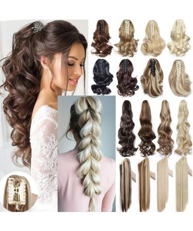 Ponytail Extension Clip in Claw 18" Long Curly Wavy Jaw Pony Tails Clip on Hairpiece for Women Girls Medium Brown 18 inch MediumBrown