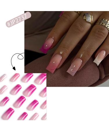 FEIlei 24Pcs Long Press on Nails Coffin French Fake Nails Tip Gradient Acrylic Nails Glossy False Nails for Women Girls - Buy Online on GoSupps.com