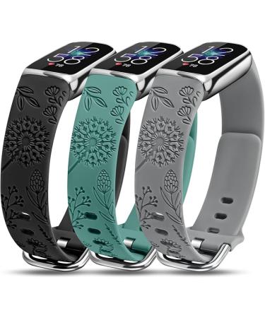 Minyee Soft Silicone Floral Engraved Sport Strap Dandelion Wristband Replacement Compatible with Fitbit Luxe Bands for Women for Fitbit Luxe Watch Bands - pack of 3 - Black & Green & Gray