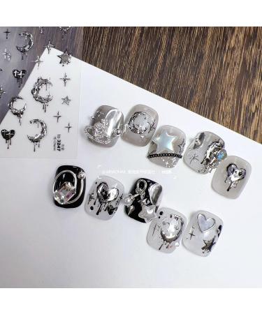 Silver Melted Heart Moon Stars 5D Acrylic Nail Art Stickers - Retro Design for Women | International Shipping Available - Buy Online on GoSupps.com