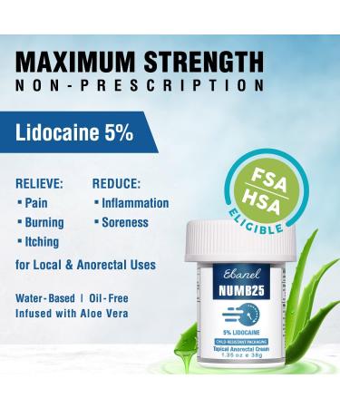 Ebanel 5% Lidocaine Topical Numbing Cream 1.35 oz - Pain Relief with Aloe Vera & Vitamin E - Child Resistant Cap - 1.35 Ounce Pack - Buy Online on GoSupps.com