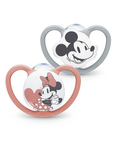 Nuk sucker space |6-18 months |Sucker with extra -gone ventilation openings |Silicon BPA-free |Disney Mickey and Minnie Mouse gray and pink |2 units