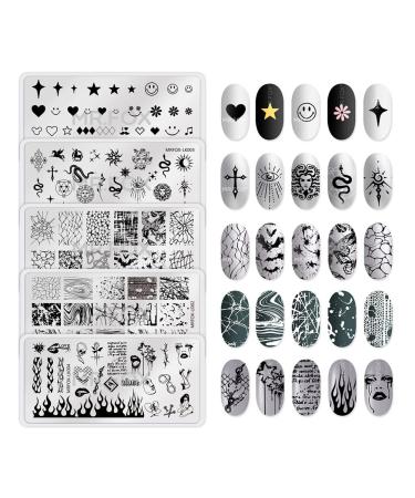 MRFOX 5 Pcs Nail Plates Stamping Set Marbled Punk Spider web heart star theme leaf nail art DIY stamping template