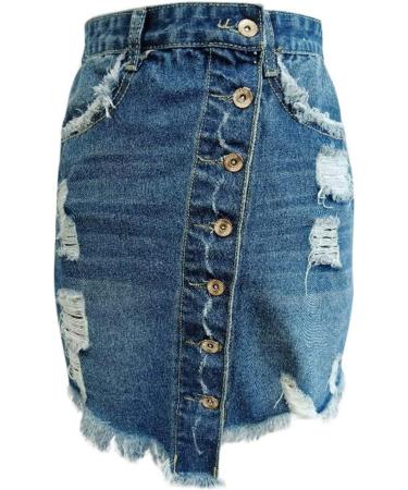 Sanahy Women's Front Split Frayed Mini Denim Pencil Skirt - Dark Washed Button Front Distressed Jean Short Skirt - Buy Online on GoSupps.com