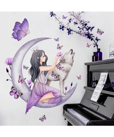 OOTSR Butterfly Girl Wall Stickers Moon Wolf Flower Fairy Wall Decal Pink Floral Wall Mural Colorful Butterflies Wall Decor DIY Removable Vinyl Wall Art for Girls Baby Nursery Bedroom Playroom Wolf Butterfly Girl