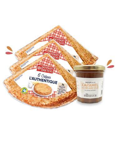 Paysan Breton BRETON SNACK - Pack of 3 SACHETS of Authentic & Melt-in-Your-Mouth Breton Country Crepes *6 (18 crepes) + 1 JAR of 210g Brieuc Salted Caramel