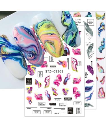 Nail Art Stickers Nail Decals Pink Blue Colorful Stripe Line Nail Decals 3D Self-Adhesive Marble Wave Design Nail Art Supplies Marble Nail Stickers Acrylic Nail Decoration for Women Girls 6 Sheets A-1