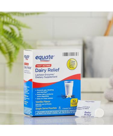 Dairy Pills for Lactose Intolerance - Equate Fast Acting Relief Vanilla Flavor 32 chewable Tablets Lactaid Chewables Lactase Enzyme (Pack of 1) Set with Basket Goods Store - Buy Online on GoSupps.com
