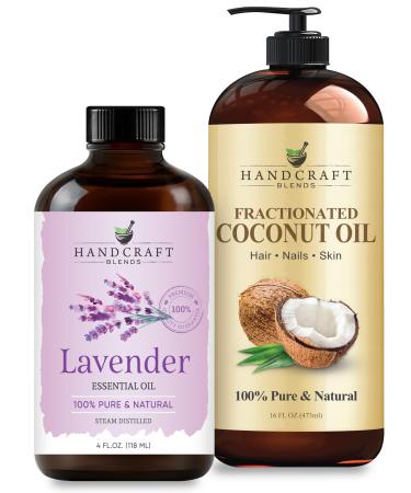 Handcraft Blends Relaxing Body Set: Fractionated Coconut Oil (16 Fl Oz) and Lavender Essential Oil (4 Fl Oz) 100% Pure & Natural for Massage Sleep and Skin Hydration