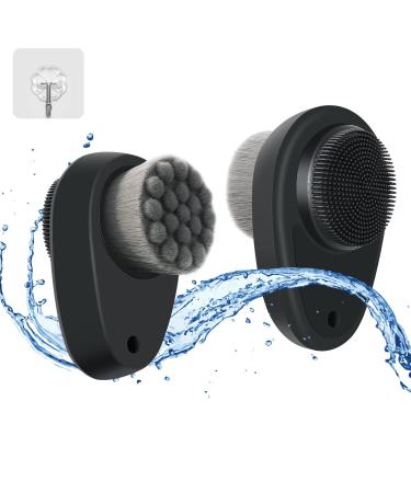 YEALIFE 2 in 1 Manual Facial Cleansing Brush with Soft Bristle Brush and Silicone Face Scrubber for Deep Skin Cleansing - Deep Pore Exfoliation Massaging and Stimulate  Dead Skin Black-1PC EF20220820BK