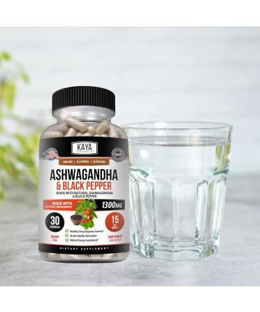 Kaya Naturals Ashwagandha Root with Black Pepper | Maximum Strength 1300mg Adaptogen Supplement Support Adrenal Glandular Health Mood Relief Focus Energy & Vitality for Men & Women 30 Count (Pack of 1) - Buy Online on GoSupps.com
