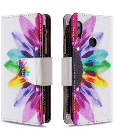 Miago Huawei Y6 2019 Wallet Case - 9 Card Slots Colorful Zipper Flip Cover Sunflower Design PU Leather Protective Case - Buy Online on GoSupps.com
