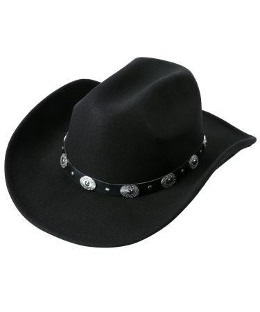 Lanzom Women Men Western Cowboy Cowgirl Hat Fedora Outdoor Felt Wide Brim Hat with Belt Buckle Black Medium