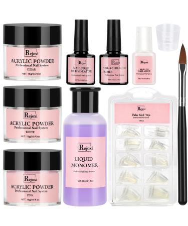 Acrylic Nail Kit with Prep Dehydrator and Primer, Acrylic Nail Powder and Liquid Kit French Clear Nail Tips Glue Brush DIY Nail Kit with Everything White, Pink, Clear