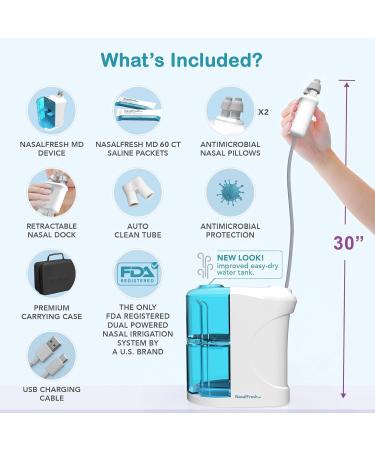 NASALFRESH MD Premium Bundle Dual Powered Nasal Irrigation System Nasal Rinse and Wash Sinus Decongestant Relief System 60 Saline Packets Case Rechargeable 2 Sets of Nose Pillows Snoring Remedy - Buy Online on GoSupps.com