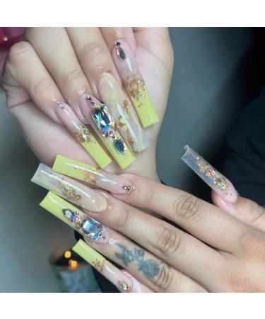 Long Fake Nails Set Press On Nails Yellow Gradient Gold Foil Rhinestones with Press Glue Full Cover Acrylic Nail Tips As A Gift Gold yellow