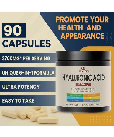 Hyaluronic Acid Capsules 3700mg with Collagen Peptide and Vitamins - Anti-Aging Supplement for Skin, Hair, and Joints - 90 Count - Buy Online on GoSupps.com