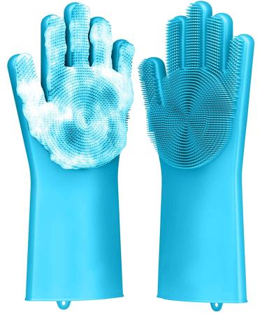Silicone Hand Gloves Reusable Rubber Sponge Scrubbers Good Use for Kitchen Dishwasher Fruit Household Cleaning (Blue)